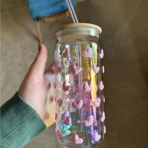 Heart-Embellished Glass Tumbler with Straw